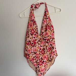 Midnight by Carole Hochman Floral Halter Swimsuit in Pink, Red and Brown